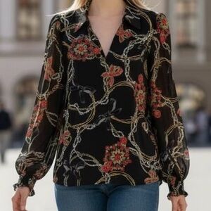 White House Black Market Blouse XXS Long Sleeve V‎ Neck Jewels Bows Pearls Gold